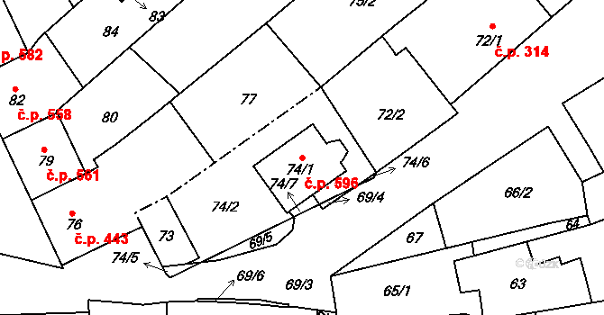 Šitbořice 596 na parcele st. 74/1 v KÚ Šitbořice, Katastrální mapa