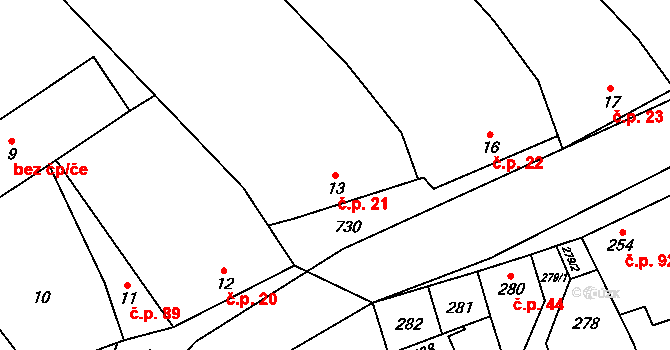 Vranovice 21, Vranovice-Kelčice na parcele st. 13 v KÚ Vranovice, Katastrální mapa