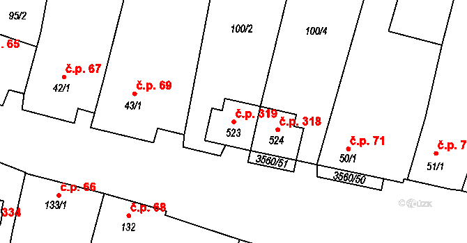 Hrabětice 319 na parcele st. 523 v KÚ Hrabětice, Katastrální mapa