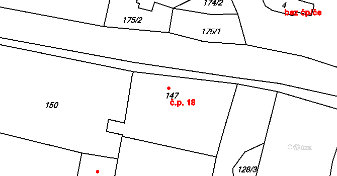 Podmyče 18 na parcele st. 147 v KÚ Podmyče, Katastrální mapa