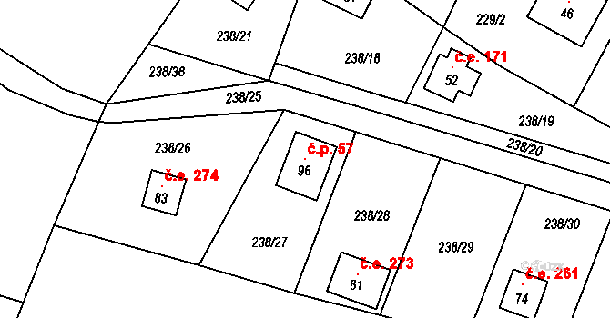 Hetlín 57, Černíny na parcele st. 96 v KÚ Hetlín, Katastrální mapa