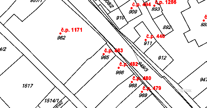 Rousínov 483 na parcele st. 965 v KÚ Rousínov u Vyškova, Katastrální mapa