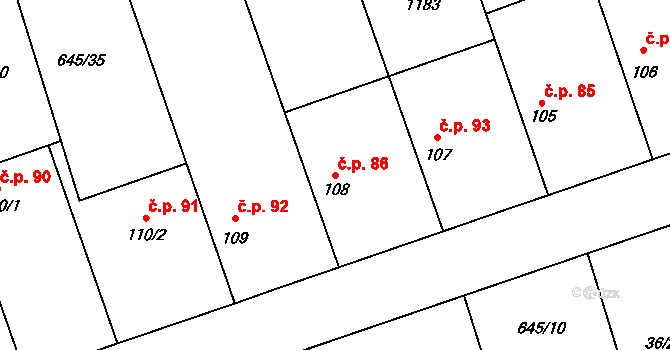 Hořešovice 86 na parcele st. 108 v KÚ Hořešovice, Katastrální mapa