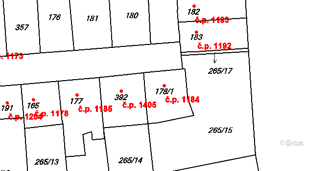 Švermov 1184, Kladno na parcele st. 178/1 v KÚ Hnidousy, Katastrální mapa
