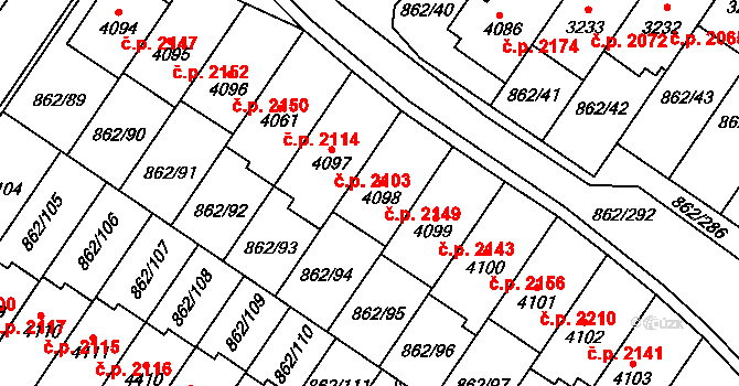 Blansko 2149 na parcele st. 4098 v KÚ Blansko, Katastrální mapa