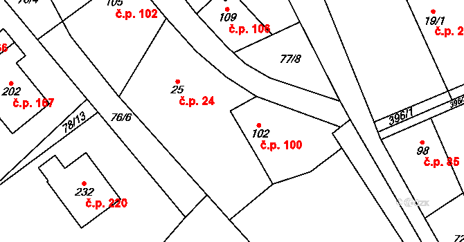 Horky nad Jizerou 100 na parcele st. 102 v KÚ Horky nad Jizerou, Katastrální mapa