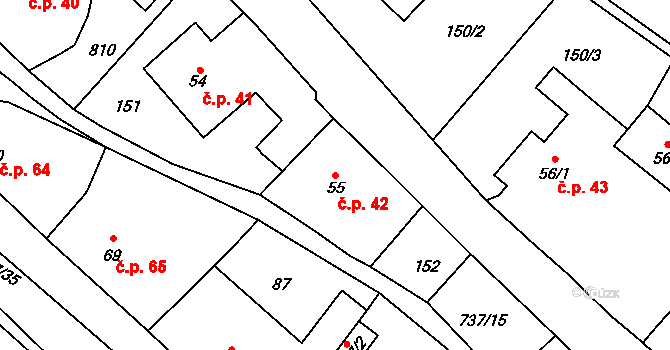 Stěžery 42 na parcele st. 55 v KÚ Stěžery, Katastrální mapa