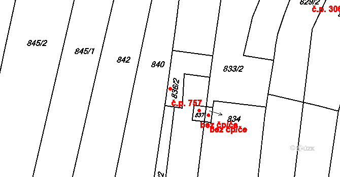 Hulín 757 na parcele st. 836/2 v KÚ Hulín, Katastrální mapa
