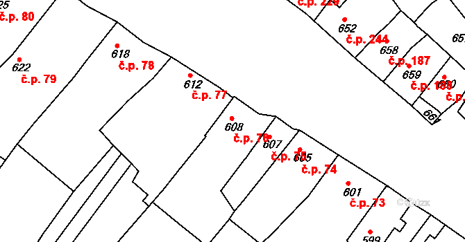 Čistá 76 na parcele st. 608 v KÚ Čistá u Rakovníka, Katastrální mapa