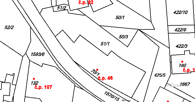 Kladeruby 46 na parcele st. 70/1 v KÚ Kladeruby, Katastrální mapa