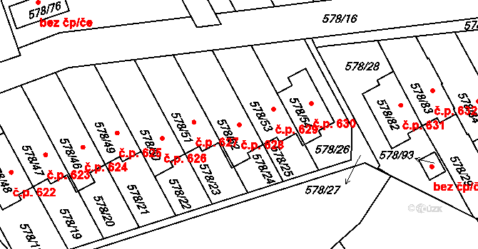 Planá nad Lužnicí 628 na parcele st. 578/52 v KÚ Planá nad Lužnicí, Katastrální mapa