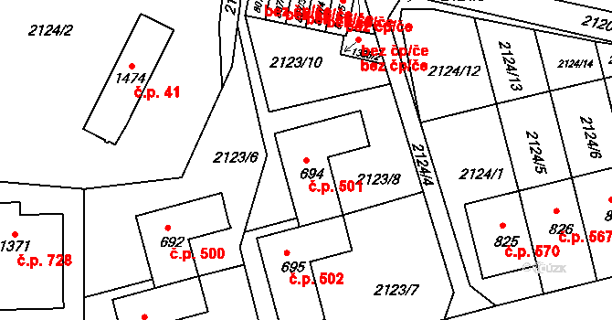 Zliv 501 na parcele st. 694 v KÚ Zliv u Českých Budějovic, Katastrální mapa
