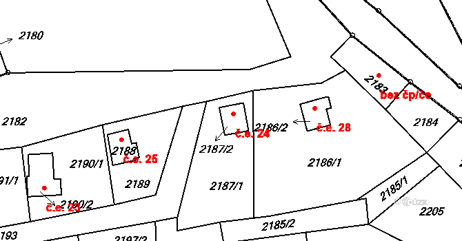 Petrův Dvůr 24, Netolice na parcele st. 2187/2 v KÚ Netolice, Katastrální mapa