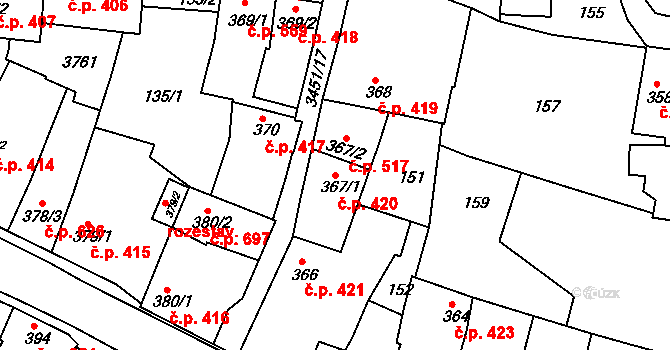 Lysá nad Labem 420 na parcele st. 367/1 v KÚ Lysá nad Labem, Katastrální mapa