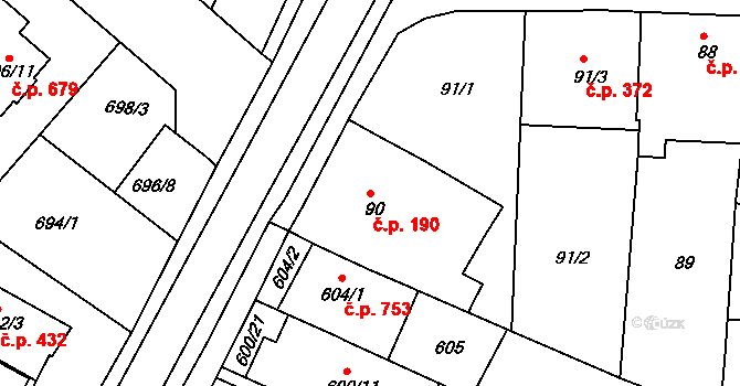 Soběšice 190, Brno na parcele st. 90 v KÚ Soběšice, Katastrální mapa