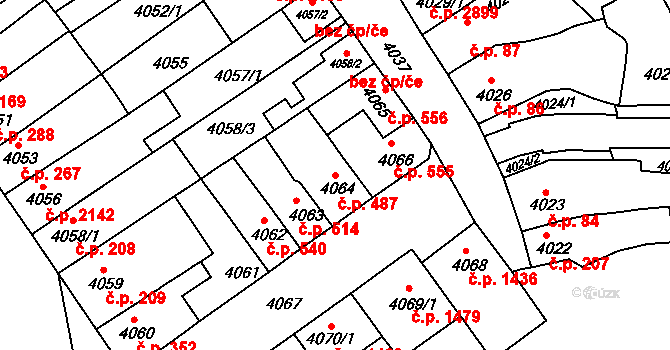 Královo Pole 487, Brno na parcele st. 4064 v KÚ Královo Pole, Katastrální mapa