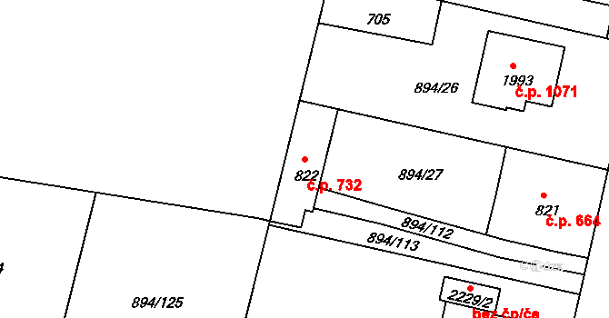 Pacov 732 na parcele st. 822 v KÚ Pacov, Katastrální mapa