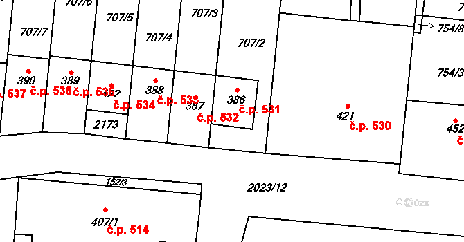 Kelč 531 na parcele st. 386 v KÚ Kelč-Nové Město, Katastrální mapa