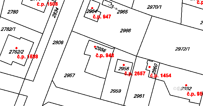 Újezd nad Lesy 948, Praha na parcele st. 2956 v KÚ Újezd nad Lesy, Katastrální mapa