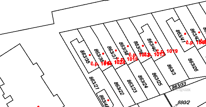 Hlubočepy 1024, Praha na parcele st. 863/36 v KÚ Hlubočepy, Katastrální mapa