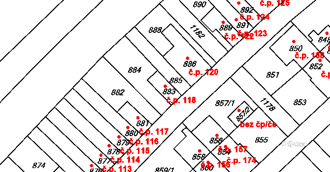 Prosek 118, Praha na parcele st. 883 v KÚ Prosek, Katastrální mapa