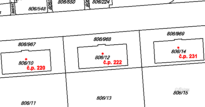 Malešice 222, Praha na parcele st. 806/12 v KÚ Malešice, Katastrální mapa