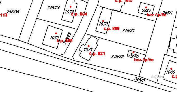 Vrchlabí 821 na parcele st. 1071 v KÚ Vrchlabí, Katastrální mapa