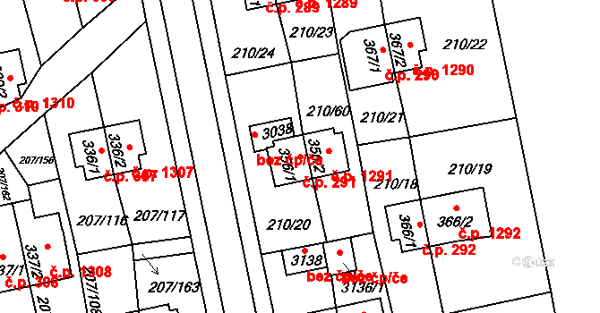 Sezimovo Ústí 291 na parcele st. 356/1 v KÚ Sezimovo Ústí, Katastrální mapa