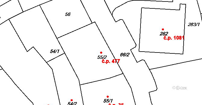 Kuřim 477 na parcele st. 55/2 v KÚ Kuřim, Katastrální mapa