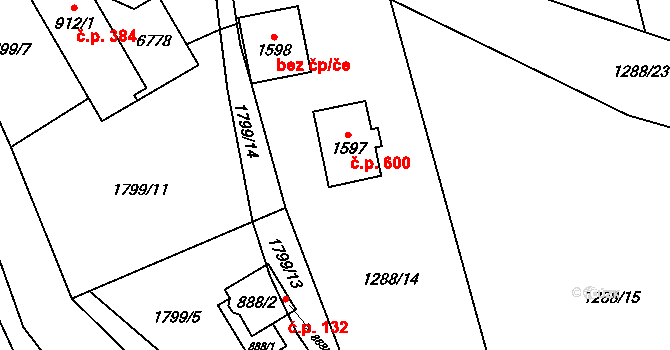 Hošťálková 600 na parcele st. 1597 v KÚ Hošťálková, Katastrální mapa