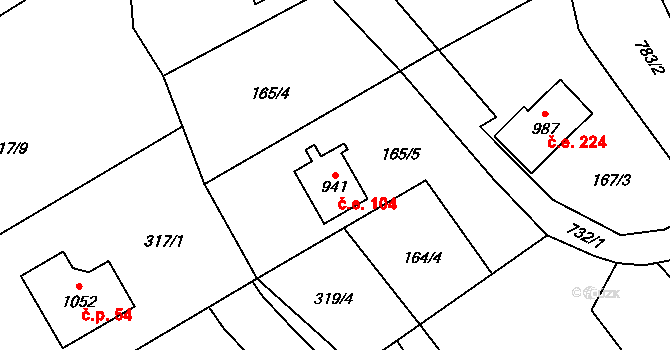 Javorník 104, Čtyřkoly na parcele st. 941 v KÚ Čtyřkoly, Katastrální mapa