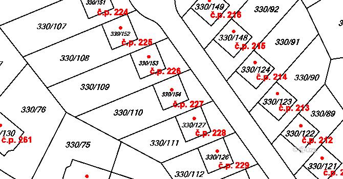 Hlušovice 227 na parcele st. 330/154 v KÚ Hlušovice, Katastrální mapa