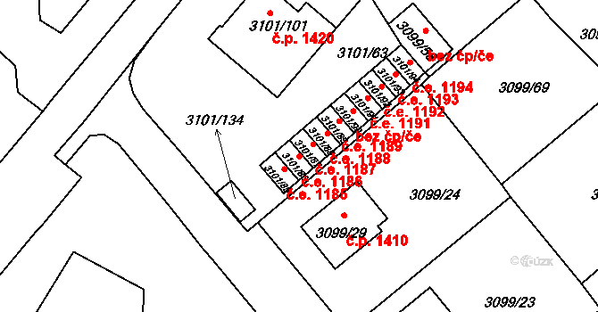 Pelhřimov 1186 na parcele st. 3101/86 v KÚ Pelhřimov, Katastrální mapa