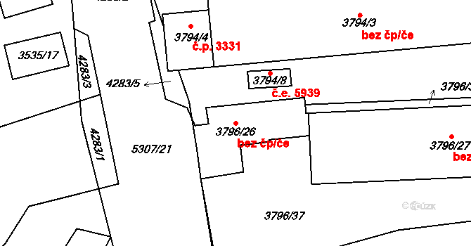 Ústí nad Labem 38866374 na parcele st. 3796/26 v KÚ Ústí nad Labem, Katastrální mapa