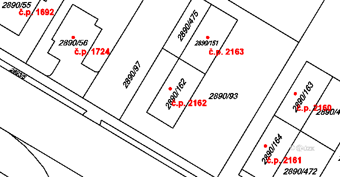 Předměstí 2162, Opava na parcele st. 2890/162 v KÚ Opava-Předměstí, Katastrální mapa