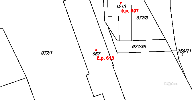 Košťany 613 na parcele st. 967/1 v KÚ Košťany, Katastrální mapa