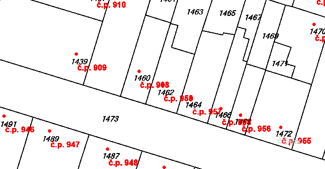 Kunovice 958 na parcele st. 1462 v KÚ Kunovice u Uherského Hradiště, Katastrální mapa