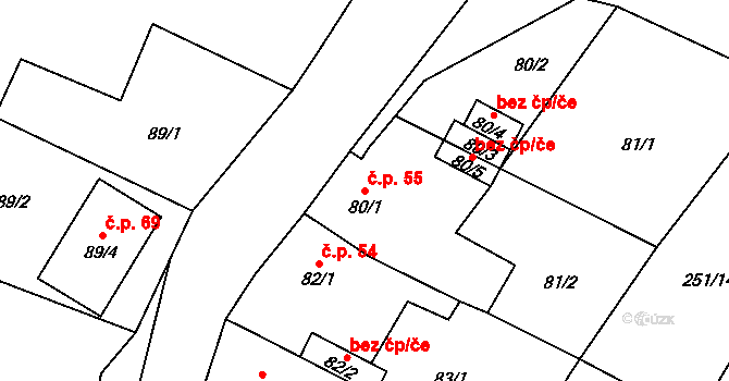 Malé Březno 55 na parcele st. 80/1 v KÚ Malé Březno, Katastrální mapa