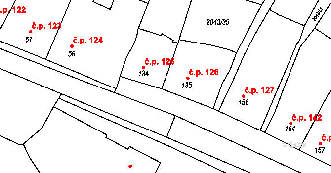 Mouřínov 126 na parcele st. 135 v KÚ Mouřínov, Katastrální mapa