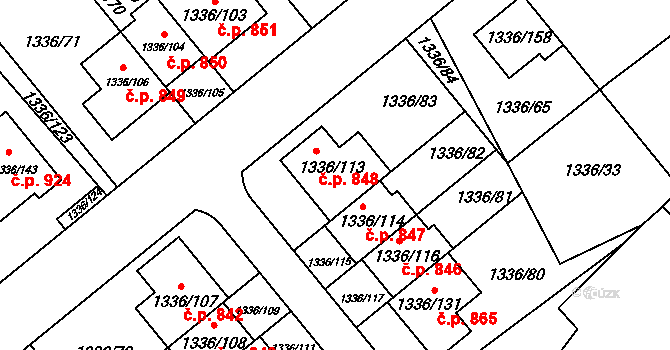 Vinoř 848, Praha na parcele st. 1336/113 v KÚ Vinoř, Katastrální mapa