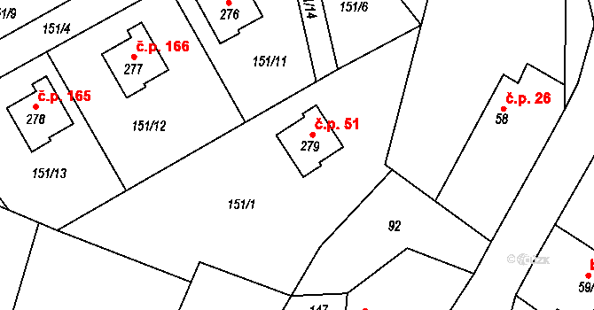 Ovčáry 51 na parcele st. 279 v KÚ Ovčáry u Dřís, Katastrální mapa