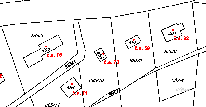 Bojov 70, Čisovice na parcele st. 493 v KÚ Čisovice, Katastrální mapa