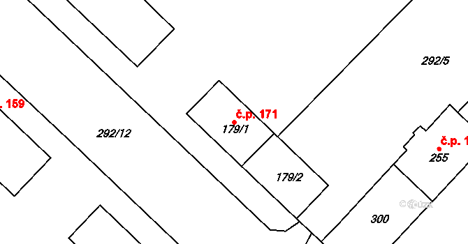 Nová Huť 171, Hrádek na parcele st. 179/1 v KÚ Nová Huť, Katastrální mapa