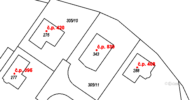 Tuchoměřice 539 na parcele st. 343 v KÚ Kněžívka, Katastrální mapa