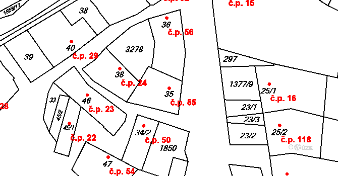 Jestřabice 55, Koryčany na parcele st. 35 v KÚ Jestřabice, Katastrální mapa