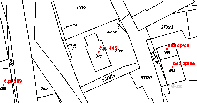 Čistá 445 na parcele st. 833 v KÚ Čistá u Litomyšle, Katastrální mapa