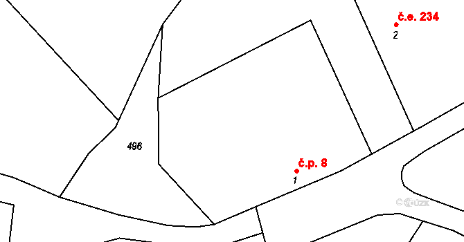 Předbořice 8, Černíny na parcele st. 1 v KÚ Předbořice, Katastrální mapa