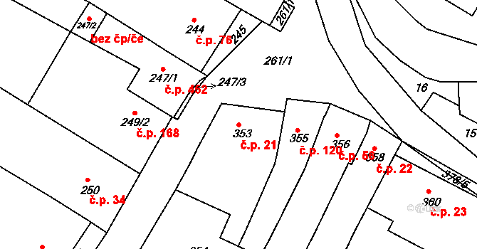 Popůvky 21 na parcele st. 353 v KÚ Popůvky u Brna, Katastrální mapa