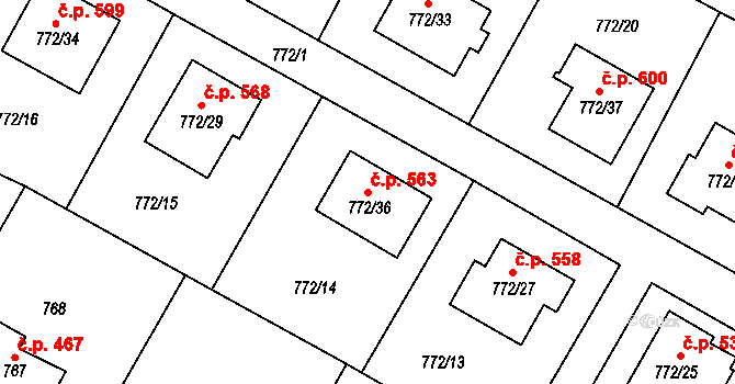 Fryčovice 563 na parcele st. 772/36 v KÚ Fryčovice, Katastrální mapa