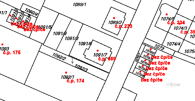 Dačice V 559, Dačice na parcele st. 1091/7 v KÚ Dačice, Katastrální mapa